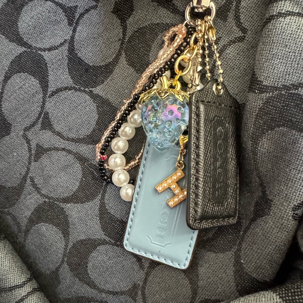Coach Blue and Black hang tag keychain with blue strawberry and Pearl Accents - Picture 2 of 2